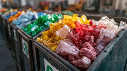 A community recycling center with bins labeled for plastic, paper, and metal.