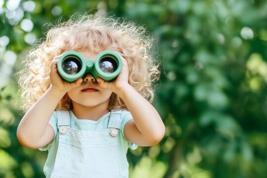 girl using binoculars, exploring in park, happy child playing safari game outdoors, summer.children's book, ad, travel brochure, summer campaign, poster, magazine, website, blog, social media.