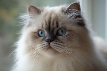 Fototapeta premium Fluffy Persian green-eyed cat gazes into the distance