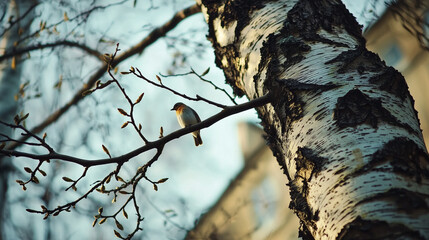 A bird sitting on a branch of a birch tree during the early spring season, with new buds and fresh light