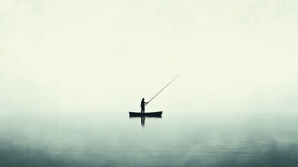 Solitary figure in small boat fishing on a misty lake.