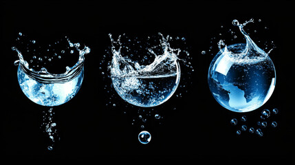 Water background, air bubbles on black backdrop with aqua spheres. Save planet resources and ecology protection concept with liquid mercury balls or drops, Realistic 3d vector template for advertising