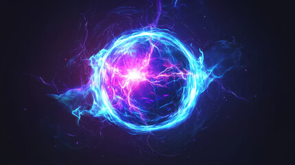 Electric ball and lightning strike, impact place, plasma sphere or magical energy flash of blue and lilac colors isolated on black background. Powerful electrical discharge, Realistic 3d vector set