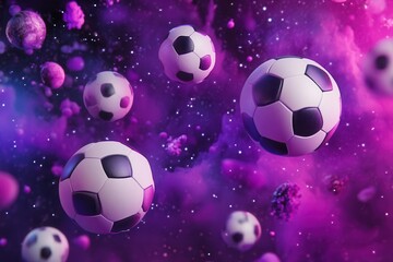 Fototapeta premium dynamic composition of floating soccer balls in various shades of purple and violet against a cosmic background