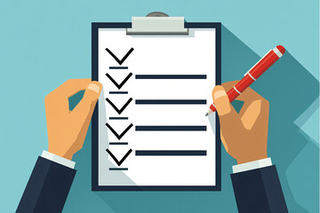 A professional business checklist on a clipboard with a red pen being held by a person in a suit symbolizing productivity and organization
