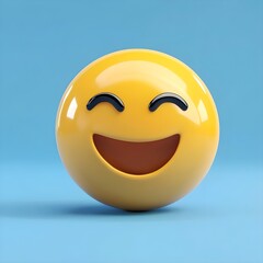 Fototapeta premium 3D rendering of a yellow smiley face with a wide, open-mouthed smile and closed eyes, set against a blue background.