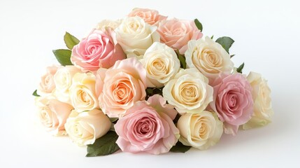 Naklejka premium Beautiful Arrangement of Pastel Roses on White Background