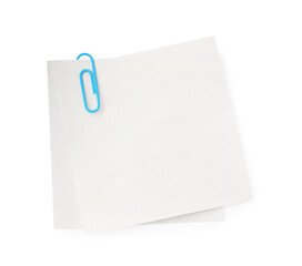 Blank paper notes attached with clip isolated on white, top view