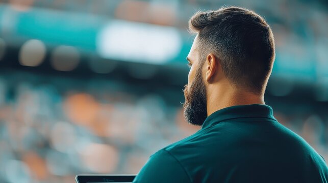 Coach Analyzing Performance Data from Sports Event Using Laptop