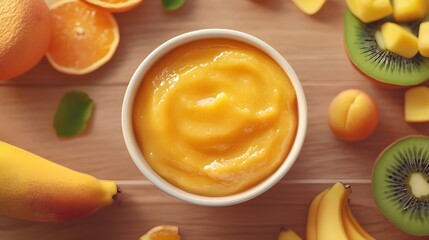 a small white bowl filled with a smooth, orange-yellow puree or baby food. 