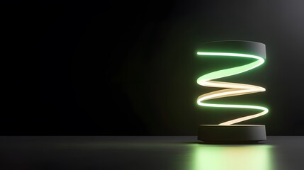 Abstract Green Neon Spiral Lamp Dark Room 3D Render