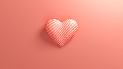 Coral pink striped heart with soft shadow on a coral background. Valentine's day romantic backdrop. 3d render illustration.