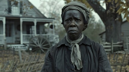 a woman standing in front of an old house with a porch and a large tree. The person is wearing a headscarf and a dark jacket with a light-colored scarf.