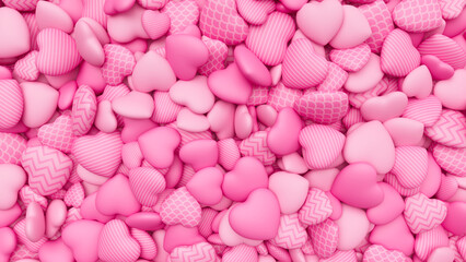 Light pink textured hearts background for Valentine's Day. Pile of hearts. Romantic backdrop. 3d render illustration