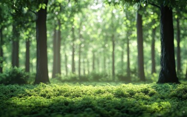 Fototapeta premium Serene Forest Scene with Sunlight Filtering Through Green Canopy, Lush Undergrowth.