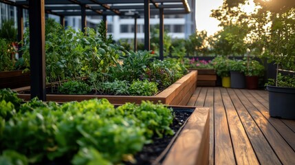 Urban rooftop garden design city skyline natural environment close-up view sustainable living concept