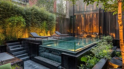 Obraz premium Serene Backyard Oasis: Modern Minimalist Pool and Zen Garden Design