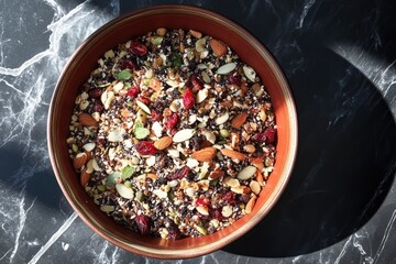 A bowl of mixed nuts, seeds, and dried fruits ready for a morning snack