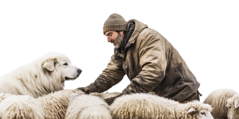 Berger Travaillant avec un Patou et un Troupeau de Moutons sur Fond Transparent