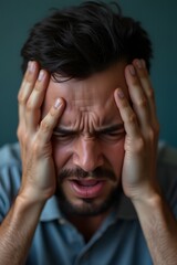 Fototapeta premium Distressed Man Holding His Head in Anguish and Despair