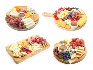 Different types of cut cheese and other snacks isolated on white, collage