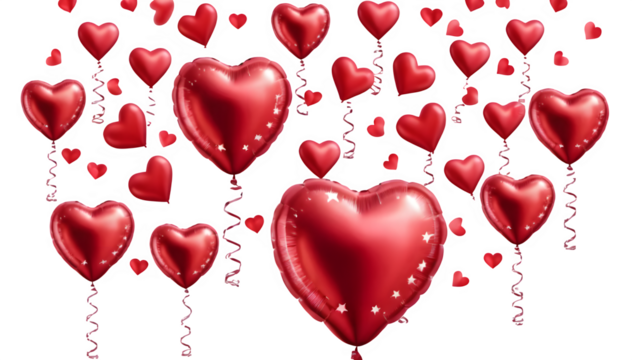 Red colored round and star, heart shapes 3d birthday foil helium balloons flying. Clear present inflatable decoration template. PNG