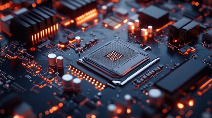 Close up of a dark computer circuit board with glowing orange lights and components