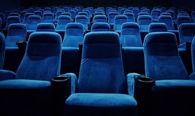 Fototapeta premium Empty blue cinema seats in an auditorium, ready for a movie screening