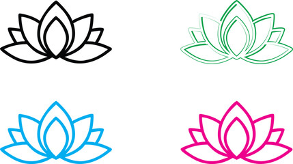 lotus flower, minimalist design, line art, stylized petals, symmetrical, zen symbol, colorful variations, black pink blue green, clean outlines, simple elegant drawing, spiritual icon, meditation conc