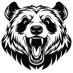 Obraz premium Fierce roaring bear head illustration in black and white with bold lines and detailed fur for logo