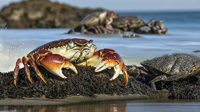 Colorful crabs on rocky shore during low tide at sunset near the ocean