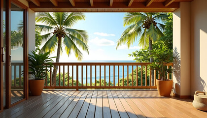 Fototapeta premium Tropical balcony with ocean view for travel blogs and vacation rental websites