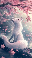 White Nine-Tailed Fox Admiring Cherry Blossoms in Serene Moment with Petals Fluttering Gracefully Around, Mystical Nature Scene, Tranquility and Beauty, Zen, Spring Season, Generative AI