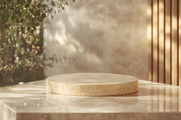 Spa-inspired setup featuring an empty travertine round podium placed on a polished granite countertop. The backdrop is softly blurred, beauty products, cosmetics promotion or advertising.