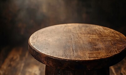 Empty round wooden table on a dark wooden background with subtle smoke or fog