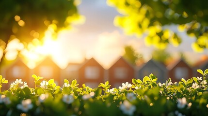 Obraz premium Bright Sunset Over Colorful Houses Surrounded by Greenery and Blooms
