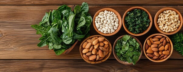 Wellness foods concept. Fresh herbs and nuts displayed in bowls on rustic wooden table.