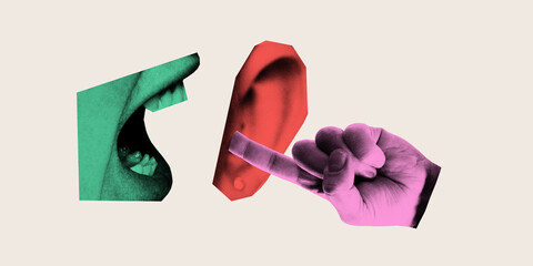 Surreal art collage. Green mouth shouting at red ear while pink finger points, emphasizing chaotic...