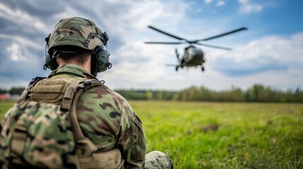 Soldier Watching Military Helicopter Landing in Open Field