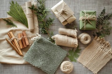 eco-friendly sustainable gift wrapping with natural materials, botanical elements, earth tones, organic textures