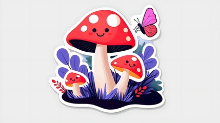 Charming Cartoon Mushrooms and Butterfly Illustration