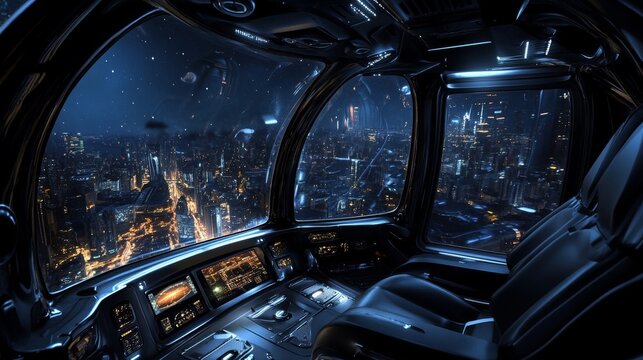 View on night sky from the cabin of an air taxi. POV of flight on air taxi. Concept the using a flying taxi for long-distance travel. 3d illustration