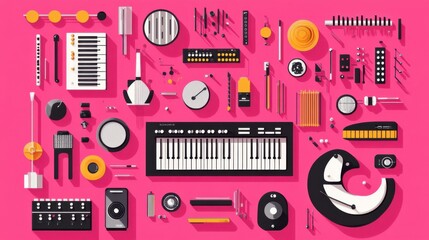 Colorful array of musical instruments and equipment arranged artistically on a vibrant pink background