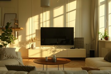 Modern living room with big TV and sofa in light beige tones. Neural network ai generated