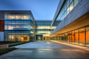 A contemporary university building with layered glass walls, smooth concrete, and soft lighting