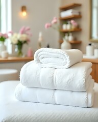 image de plusieurs serviettes blanches roulées et empilées les unes sur les autres dans un institut de beauté