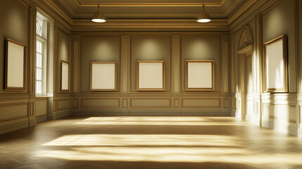 Art gallery, museum exhibition hall empty interior with painting, photography blank white, clean frames hanging on wall, illuminated round spotlight lamps from ceiling 3d realistic vector illustration