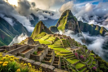 Ancient Stone Terraces Enveloped in Morning Mist, a Breathtaking View of a Majestic Mountain Range