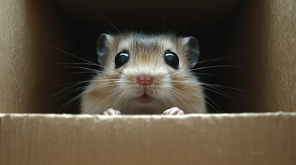 Fototapeta premium Adorable Hamster Peeking From Cardboard Box