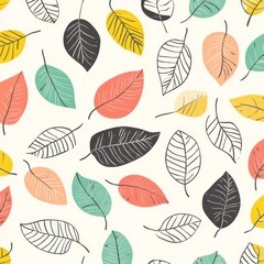 Seamless pattern with multicolor leaves in doodle style.